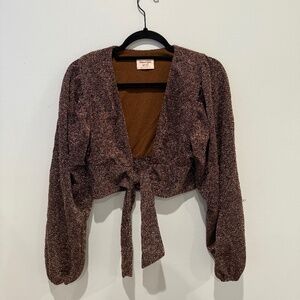 Sparkly Gold/Brown Long Sleeve Front Tie Cropped Top